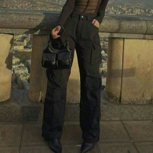 Micas Black Multi Pocket Rolled Hem Wide Leg Cargo Jeans Size Small 2-4 - Picture 4 of 15